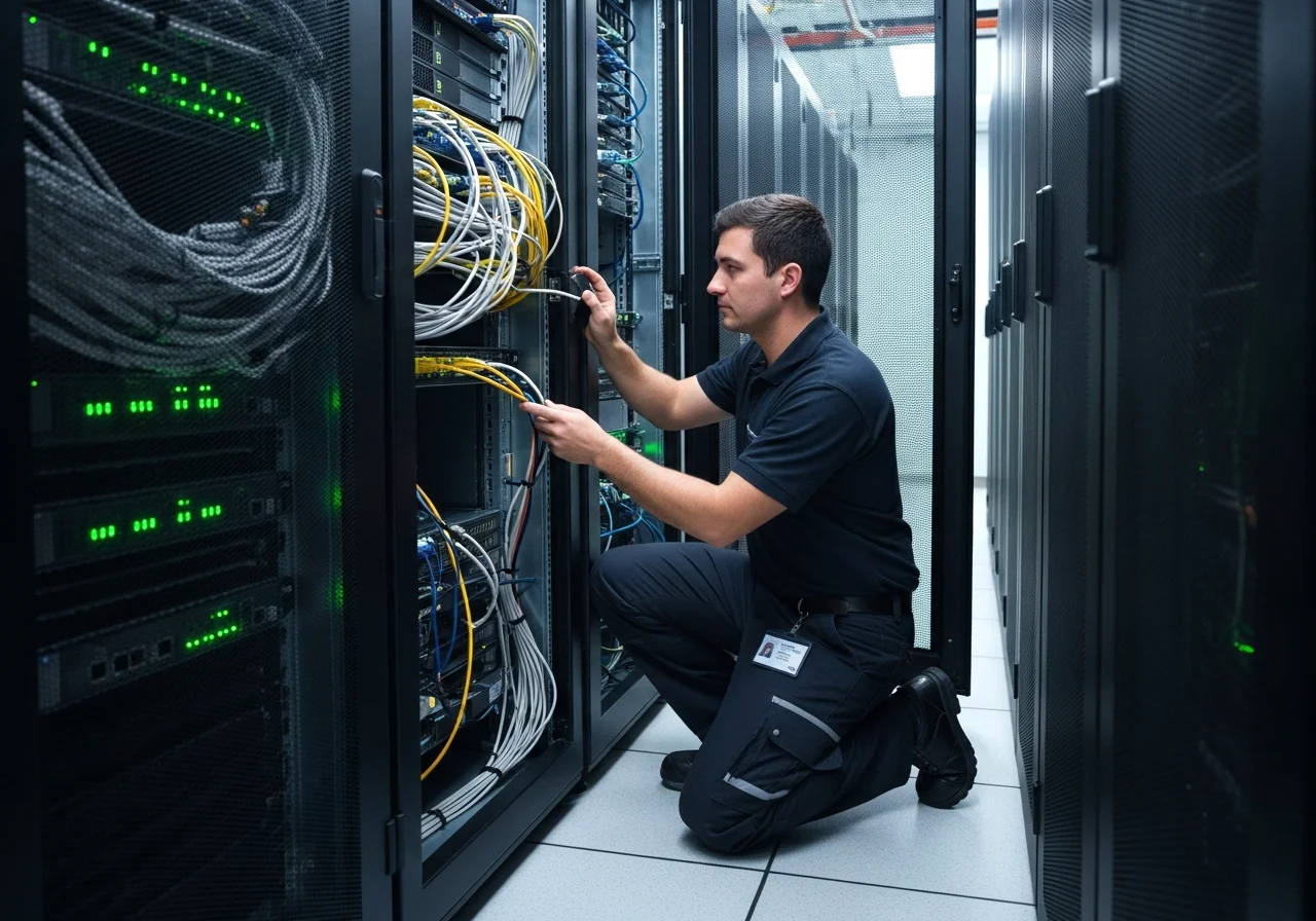 IT-Techniker bei der Arbeit an Server-Hardware und Netzwerk-Infrastruktur
